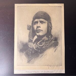 Antique 1920's Charles Lindbergh Aviation Magazine Page J. Knowles Hare Etching